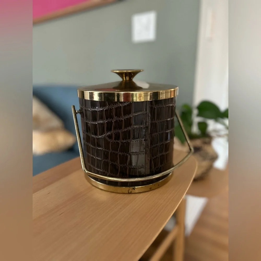 True Vintage Barware Leather & Brass ice bucket bar accessory drinks holiday - Picture 10 of 10